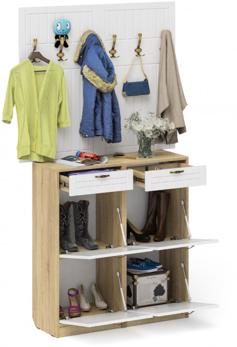 Прихожая П-6 Компоновка № 04, дуб сонома/фасады МДФ белое дерево фрезеровка прованс