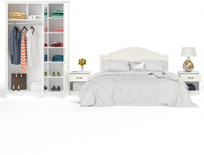 Ливерпуль Спальня № 1 Кровать 11.08ОСН + две Тумбы 08.146 + Шкаф 08.45Н + карниз, ясень ваниль/белый