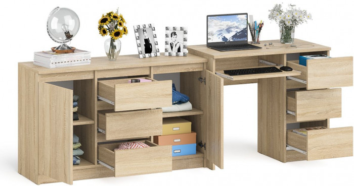 Мори компьютерный стол МС-6 правый + Комод МК1200.3, дуб сонома