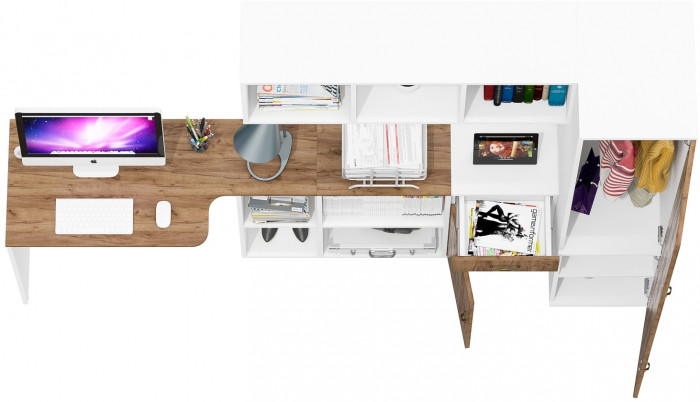 Лидер-8 Стол + Полка + Тумба МД 3.15 + Пенал МД 23Б, белый шагрень/крафт золото