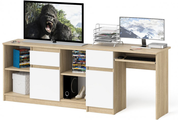 Мори компьютерный стол МС-1 левый + Тумба МТВ1204.1, дуб сонома/белый