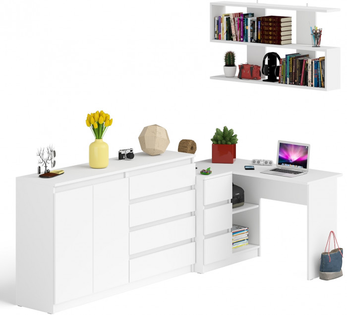 Мори компьютерный стол МС-16 левый + Комод МК1600.1 + Полка 1200, белый