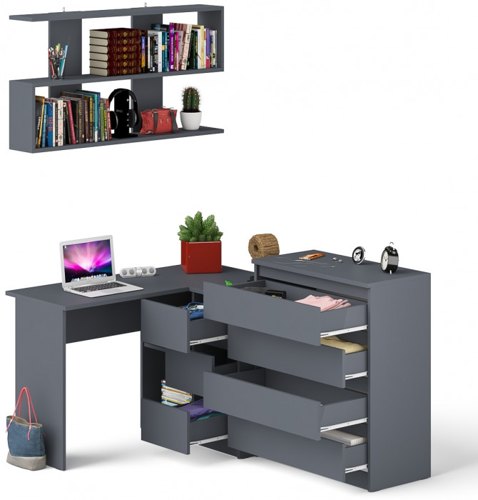 Мори компьютерный стол МС-16 правый + Комод МК800.4 + Полка 1200, графит