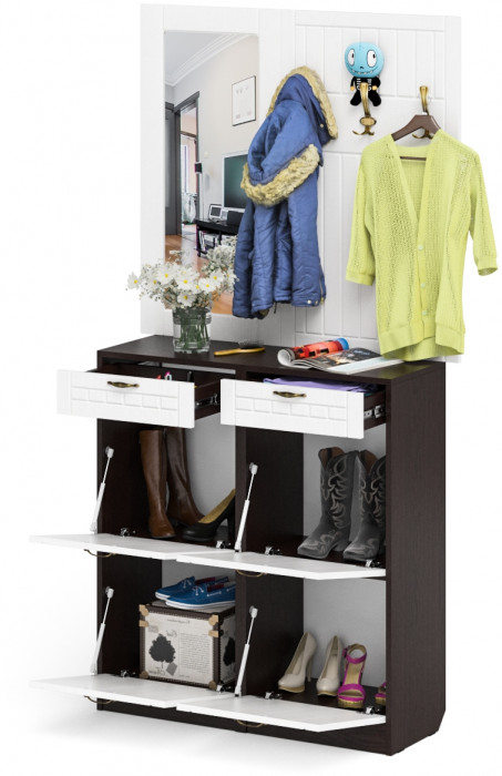 Прихожая П-6 Компоновка № 05, венге/фасады МДФ белое дерево фрезеровка прованс