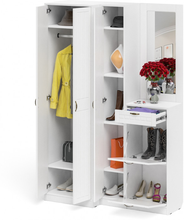 Прихожая П-6 Компоновка № 29, белая шагрень/фасады МДФ белое дерево фрезеровка прованс