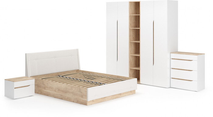 Муссон Спальня № 05, цвет белый/дуб эндгрейн элегантный/искусственная кожа белая, подъёмный ортопед, сп. м. 1600х2000 мм., б/м