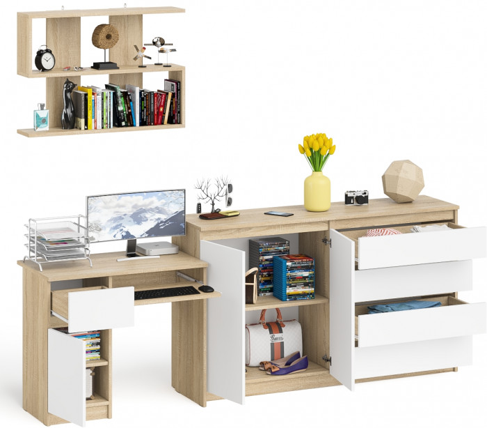 Мори компьютерный стол МС-1 левый + Комод МК1600.1 + Полка 900, дуб сонома/белый