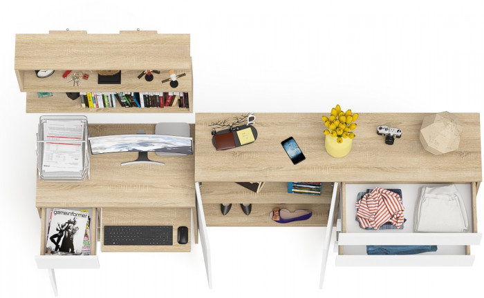 Мори компьютерный стол МС-1 левый + Комод МК1600.1 + Полка 900, дуб сонома/белый