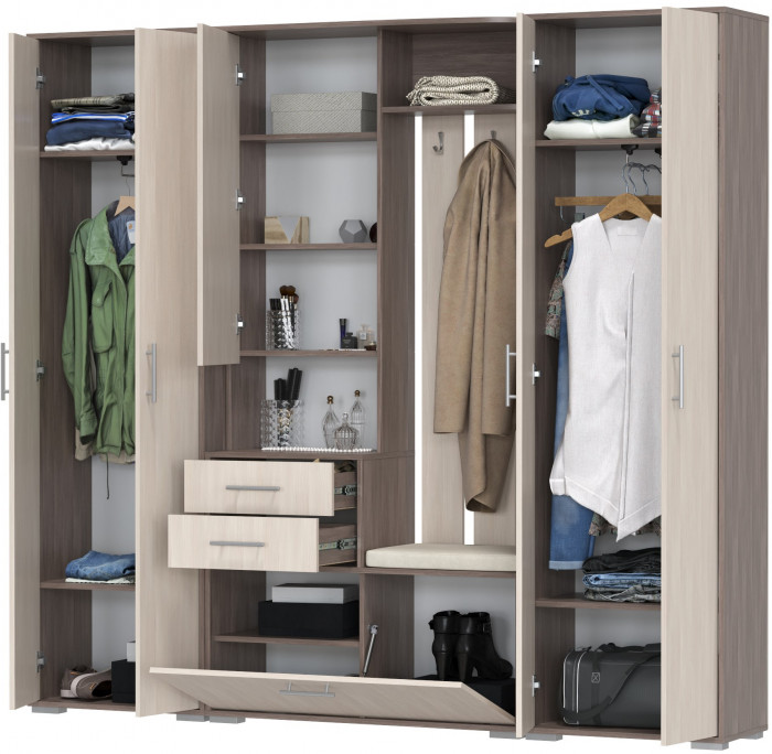 Прихожая Домино 4, цвет бодега тёмный/бодега светлый, ШхГхВ 220х36х202 см., универсальная сборка