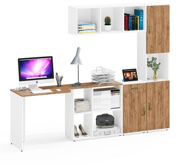 Лидер-8 Стол + Полка + Тумба МД 3.15 + Пенал, белый шагрень/крафт золото