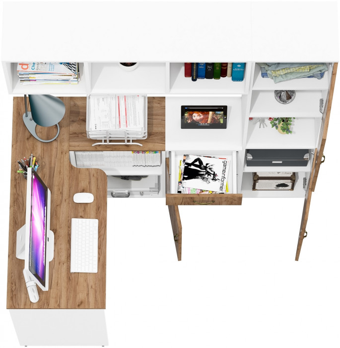 Лидер-8 Стол + Полка + Тумба МД 3.15 + Пенал, белый шагрень/крафт золото