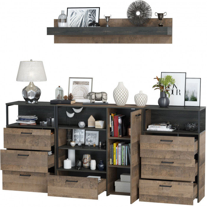 Трувор Гостиная 008, цвет дуб гранж песочный/интра, ШхГхВ 241х37х195 см., универсальная сборка