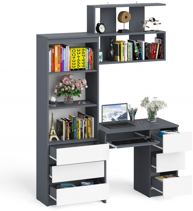 Мори компьютерный стол МС-6 правый + Стеллаж МСТ600.3 + Полка 900, графит/белый