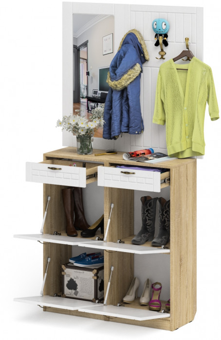 Прихожая П-6 Компоновка № 05, дуб сонома/фасады МДФ белое дерево фрезеровка прованс