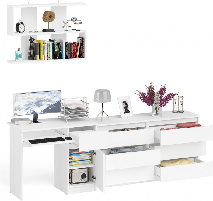 Мори компьютерный стол МС-1 правый + Комод МК1380.6 + Полка 900, белый