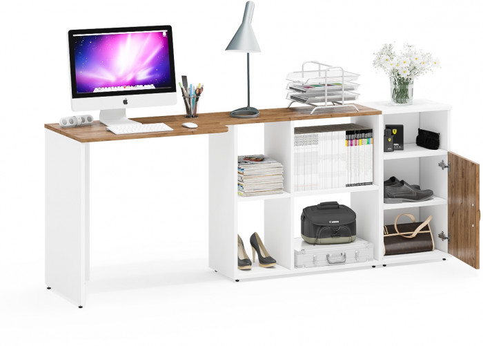 Лидер-8 Стол + Тумба МД 3.19, цвет белый шагрень/крафт золото, ШхГхВ 205х50/30х75 см. или 115х50/120х75 см., НЕ универсальная сборка