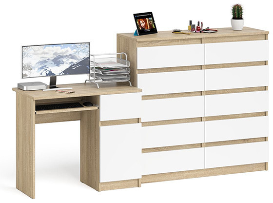 Мори Стол компьютерный МС-1 правый + Комод МК1200.10, цвет дуб сонома/белый, ШхГхВ 210,4х50х115 см., выдвижной ящик справа, НЕ универсальная сборка