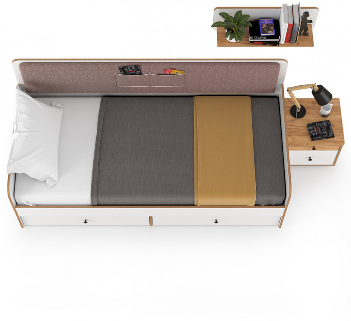 Вуди Компоновка № 33, цвет белый премиум/дуб крафт золотой/саванна латте, сп. м. 900х2000 мм., б/м, основание есть, матрас высотой до 200 мм.