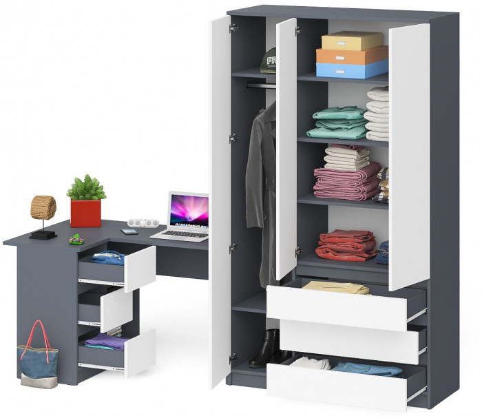Мори Стол компьютерный МС-16 левый + Шкаф МШ1200.1, цвет графит/белый, ШхГхВ 244,8х84,9х209,6 см., выдвижные ящики слева, НЕ универсальная сборка