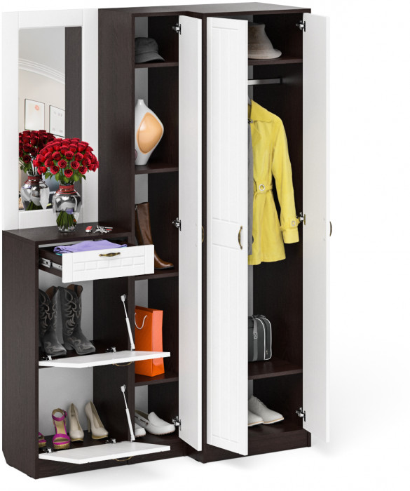 Прихожая П-6 Компоновка № 29, венге/фасады МДФ белое дерево фрезеровка прованс