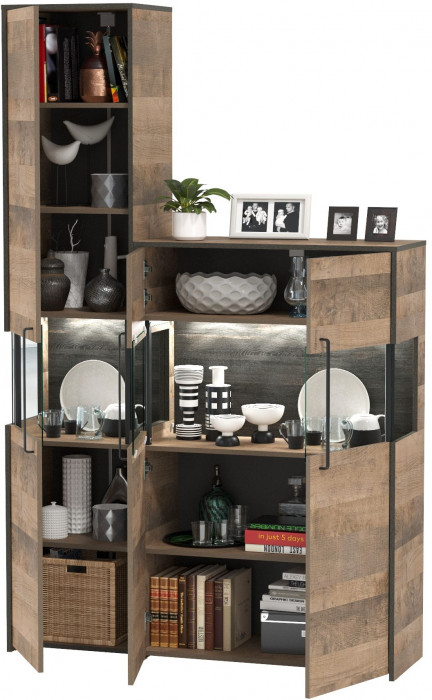 Трувор 13.205 Шкаф-пенал с витриной + 13.306 Комод с витриной, дуб гранж песочный/интра