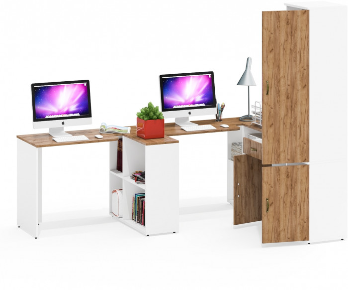 Лидер-8 Стол + Стол + Пенал МД 21Б + Тумба МД 3.15, белый шагрень/крафт золото