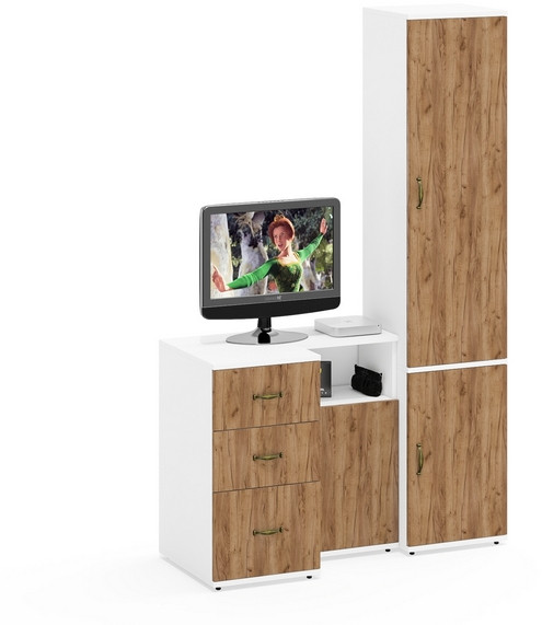 Лидер-8 Пенал МД 21Б + Тумба МД 3.16 + Тумба МД 3.19, цвет белый шагрень/крафт золото, ШхГхВ 120х50х190 см., универсальная сборка