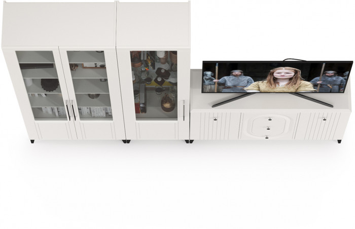 Валенсия Гостиная № 114, цвет ЛДСП белый шагрень/МДФ белый шагрень, ШхГхВ 272,3х38,4х225,2 см., универсальная сборка