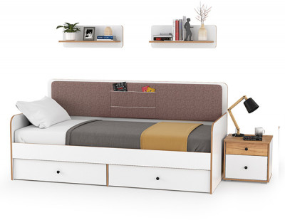 Вуди Компоновка № 34, цвет белый премиум/дуб крафт золотой/саванна латте, сп. м. 900х2000 мм., б/м, основание есть, матрас высотой до 200 мм.