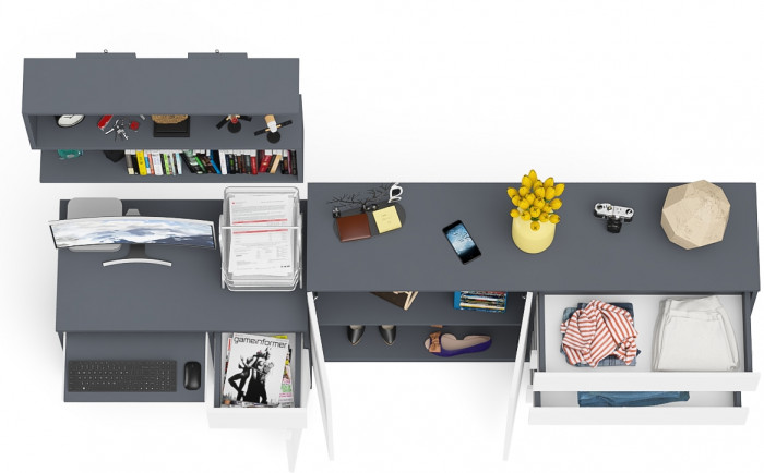 Мори компьютерный стол МС-1 правый + Комод МК1600.1 + Полка 900, графит/белый