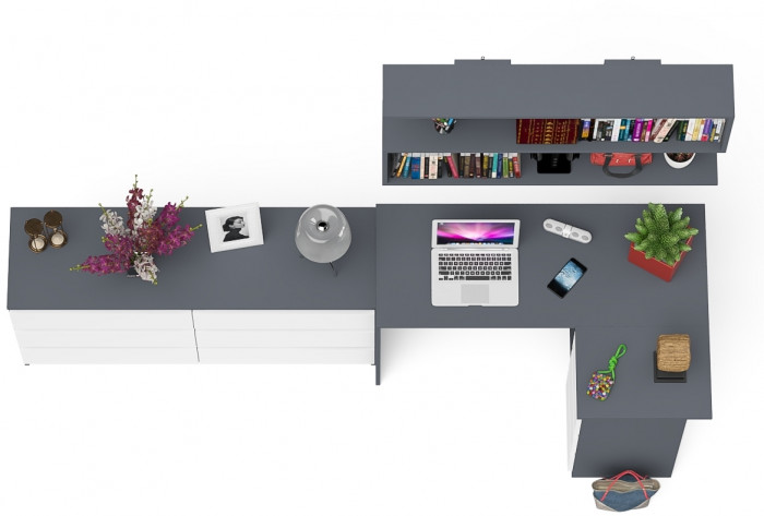 Мори компьютерный стол МС-16 правый + Комод МК1380.6 + Полка 1200, графит/белый