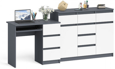Мори компьютерный стол МС-6 правый + Комод МК1200.4, графит/белый