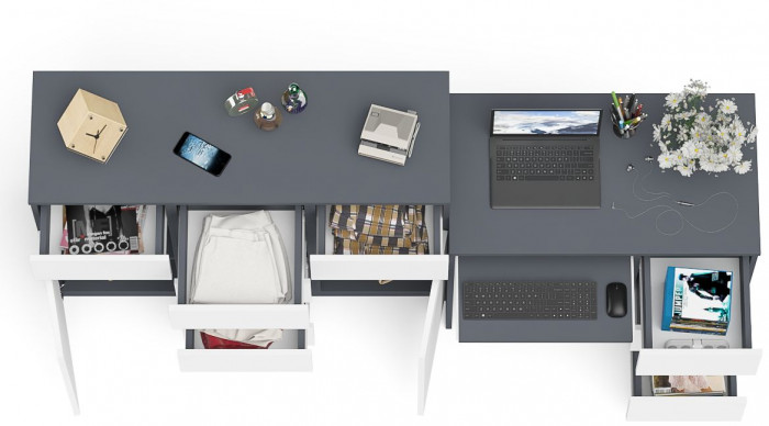 Мори компьютерный стол МС-6 правый + Комод МК1200.4, графит/белый