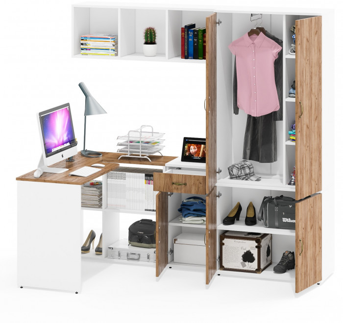 Лидер-8 Стол + Полка + Тумба МД 3.15 + Шкаф МД 20Б, белый шагрень/крафт золото