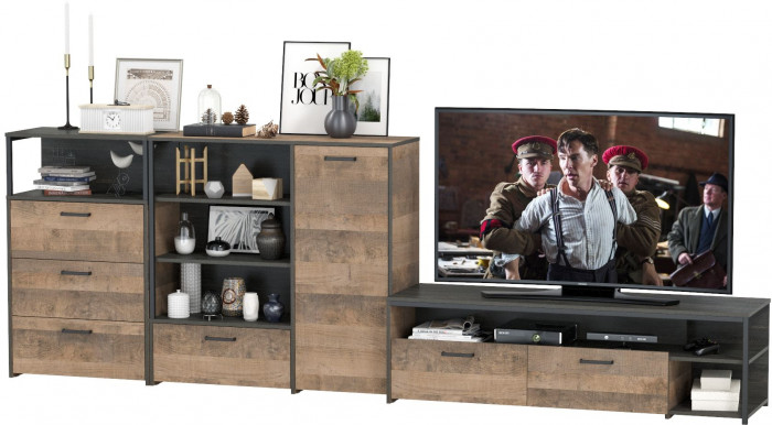 Трувор Гостиная 011, цвет дуб гранж песочный/интра, ШхГхВ 324,8х45,4х106,9 см., универсальная сборка