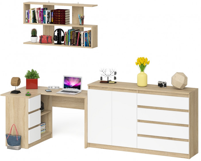 Мори компьютерный стол МС-16 левый + Комод МК1600.1 + Полка 1200, дуб сонома/белый