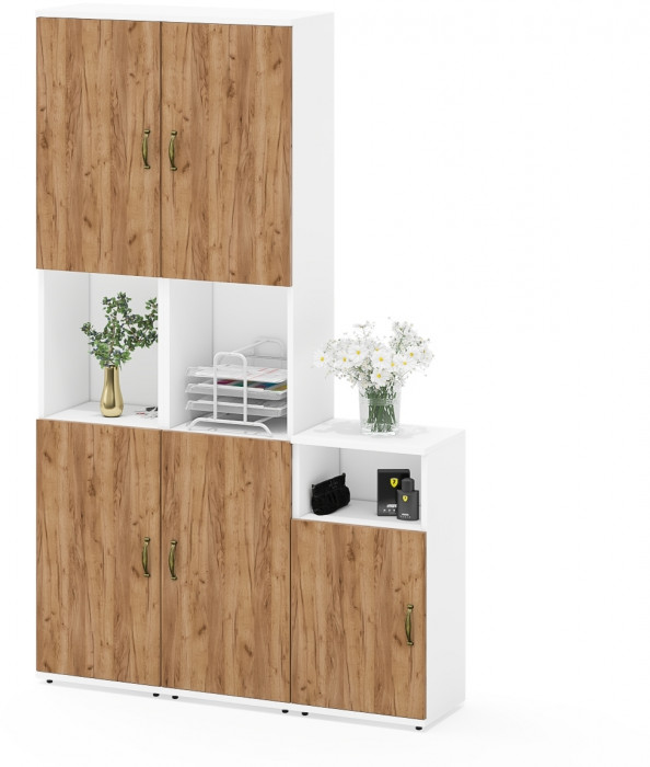 Лидер-8 Пенал + Пенал + Тумба МД 3.19, цвет белый шагрень/крафт золото, ШхГхВ 120х30х190 см., универсальная сборка