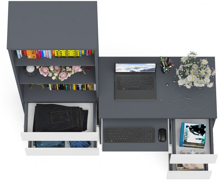 Мори компьютерный стол МС-6 правый + Стеллаж МСТ600.3, графит/белый