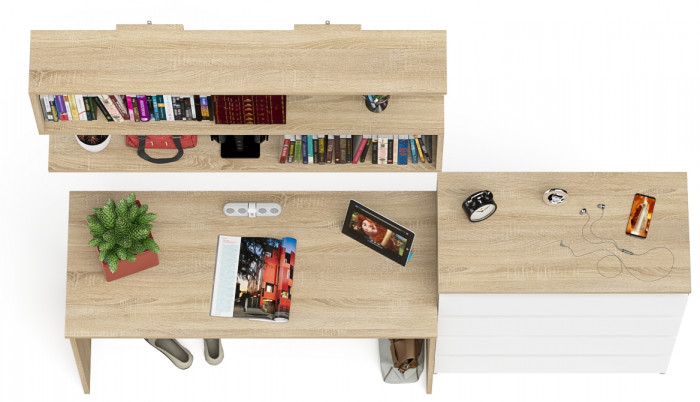 Мори письменный стол МСП1200.1 + Комод МК800.4 + Полка 1200, дуб сонома/белый