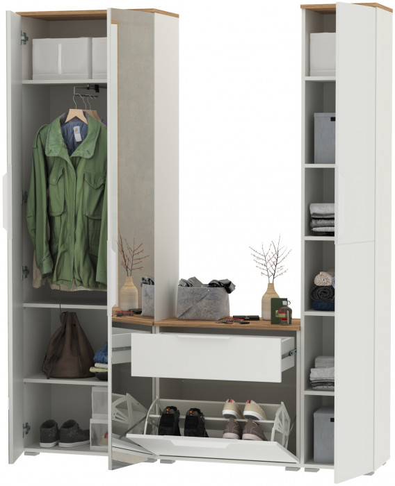 Октава Прихожая 21, цвет белый шагрень/дуб крафт золотой/фасады МДФ белый шагрень, ШхГхВ 161,5х35,4х197,6 см., универсальная сборка