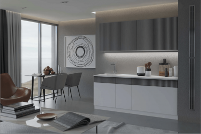 Кухня МДФ Оливия 2000 Белый снег софт / Графит софт/Антарес