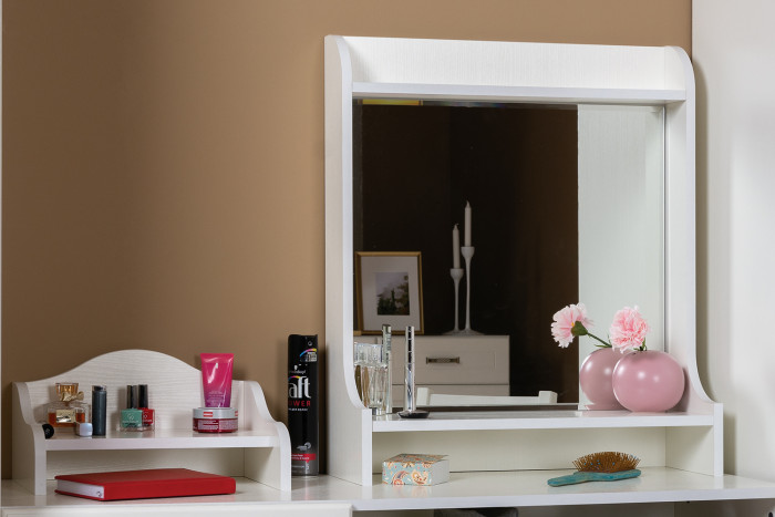 Ливерпуль Стол туалетный 12.46 + Полка 10.118 + Полка 10.117 + Пуф 14.02, ясень ваниль/белый