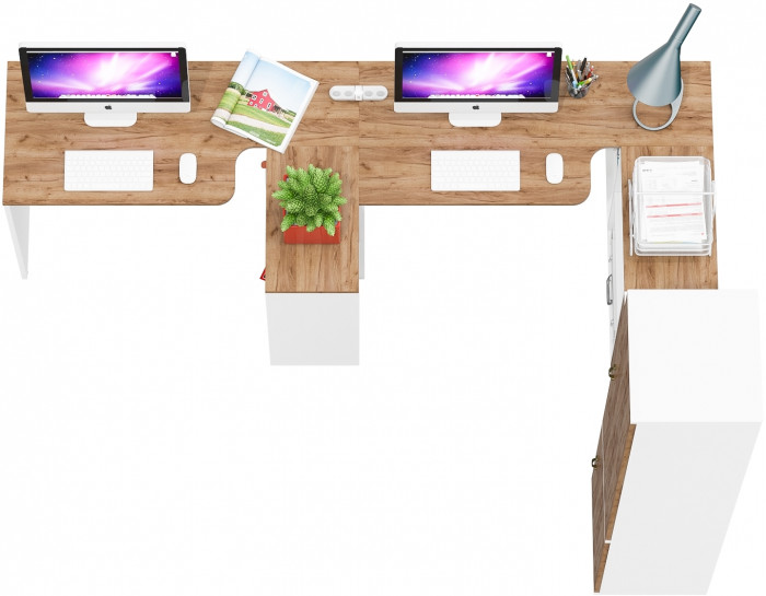 Лидер-8 Стол + Стол + Пенал МД 22Б + Тумба МД 3.15, цвет белый шагрень/крафт золото, ШхГхВ 410х50/37,5х75/190 или 230х160/50х75/190 см., НЕ ун. сб.