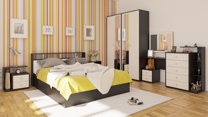 Камелия спальня № 3 Кровать 1600 + Две тумбы + Стол косметич. + Зеркало + Комод + Шкаф 4-х, цвет венге/дуб лоредо, сп.м. 1600х2000 мм., б/м, осн. есть