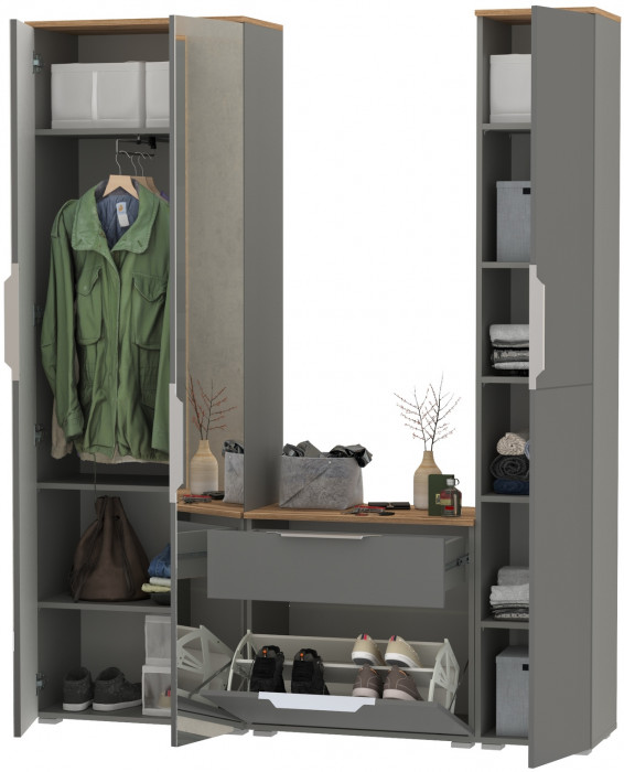 Октава Прихожая 21, цвет серый графит/дуб крафт золотой/фасады МДФ серый графит, ШхГхВ 161,5х35,4х197,6 см., универсальная сборка