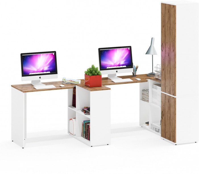 Лидер-8 Стол + Стол + Пенал МД 21Б, белый шагрень/крафт золото