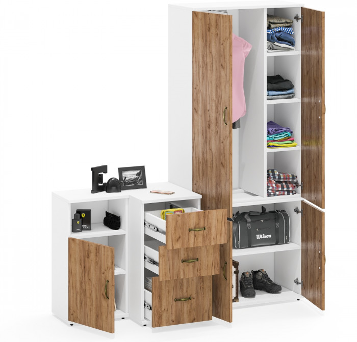 Лидер-8 Шкаф МД 20Б + Тумба МД 3.16 + Тумба МД 3.19, белый шагрень/крафт золото