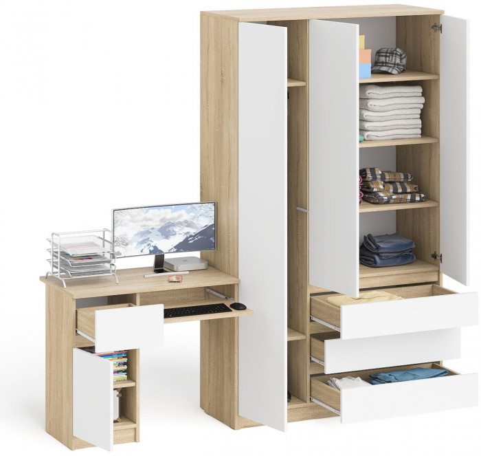 Мори компьютерный стол МС-1 левый + Шкаф МШ1200.1, дуб сонома/белый