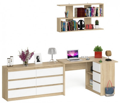 Мори компьютерный стол МС-16 правый + Комод МК1380.6 + Полка 1200, дуб сонома/белый