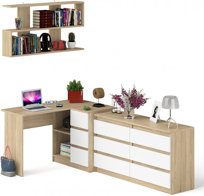 Мори компьютерный стол МС-16 правый + Комод МК1380.6 + Полка 1200, дуб сонома/белый
